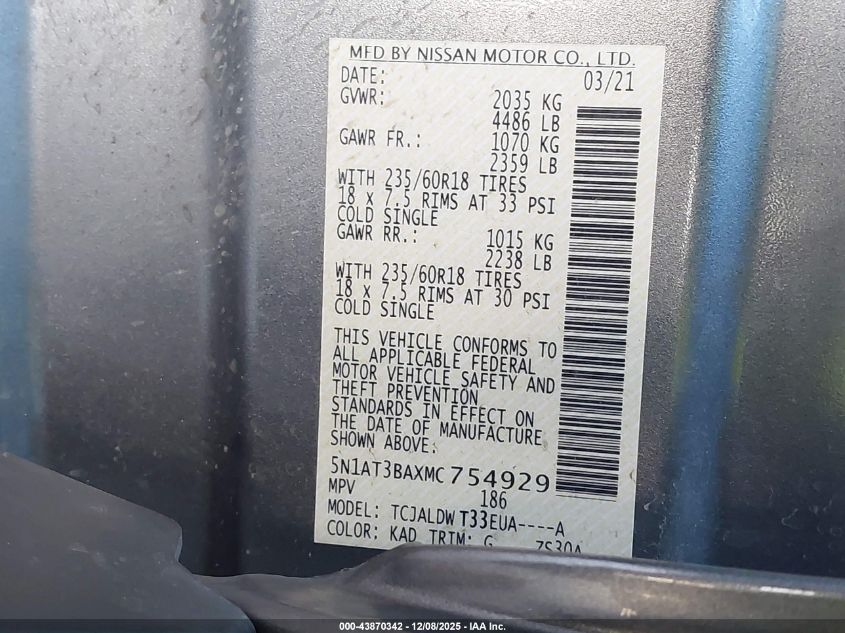 2021 Nissan Rogue Sv Fwd VIN: 5N1AT3BAXMC754929 Lot: 43870342