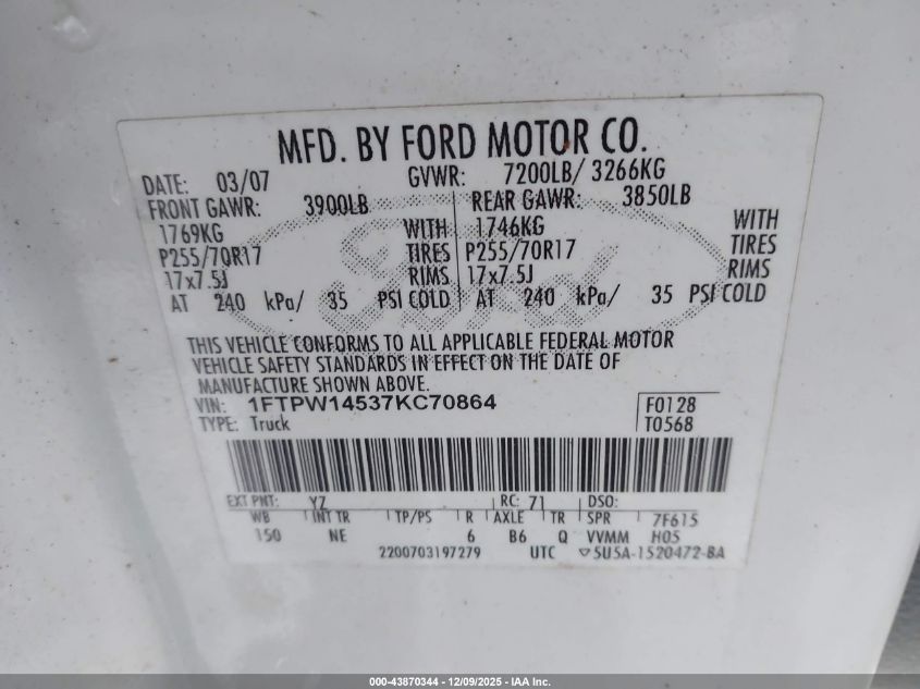 2007 Ford F-150 Fx4/Lariat/Xlt VIN: 1FTPW14537KC70864 Lot: 43870344