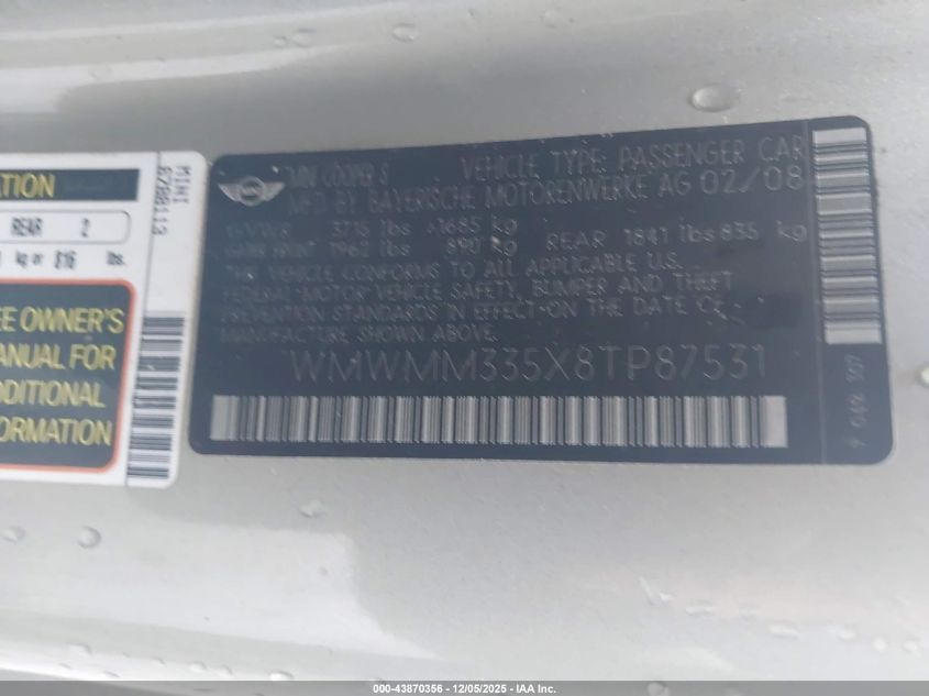2008 Mini Cooper S Clubman VIN: WMWMM335X8TP87531 Lot: 43870356