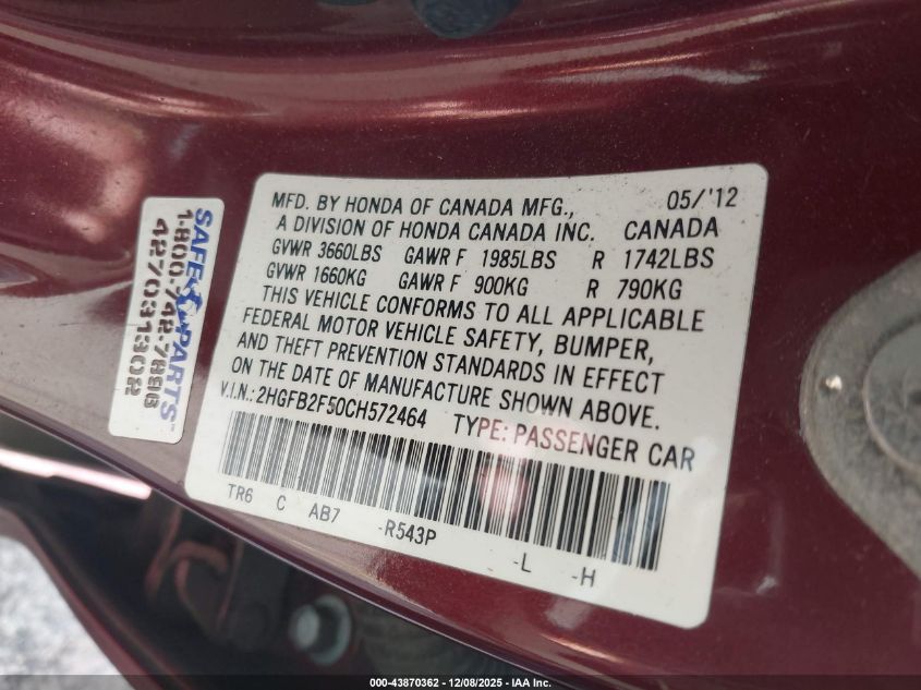2012 Honda Civic Lx VIN: 2HGFB2F50CH572464 Lot: 43870362