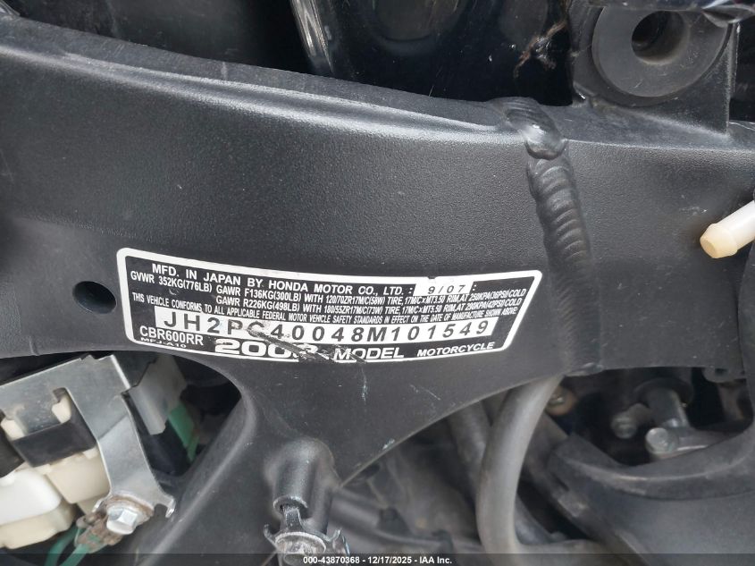 2008 Honda Cbr600 Rr VIN: JH2PC40048M101549 Lot: 43870368