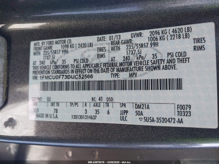 2013 Ford Escape S VIN: 1FMCU0F73DUC52566 Lot: 43870376