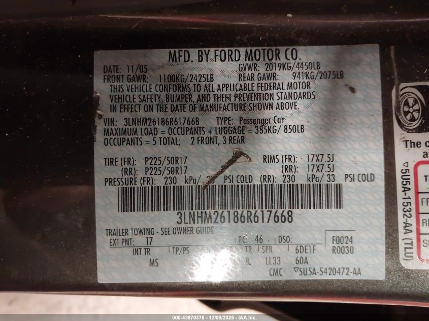 2006 Lincoln Zephyr VIN: 3LNHM26186R617668 Lot: 43870378