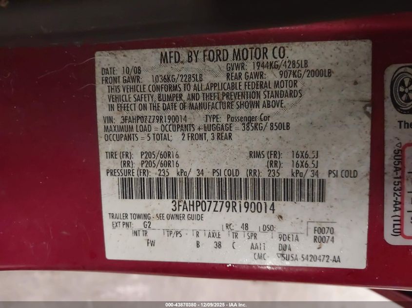 2009 Ford Fusion Se VIN: 3FAHP07Z79R190014 Lot: 43870380