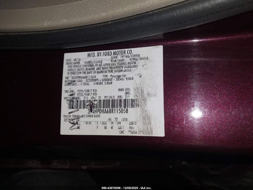 2011 Ford Fusion VIN: 3FAHPOHA6BR115058 Lot: 43870386