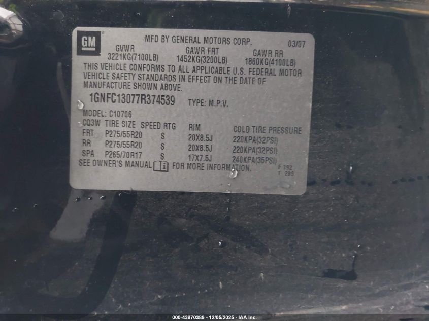 2007 Chevrolet Tahoe Lt VIN: 1GNFC13077R374539 Lot: 43870389