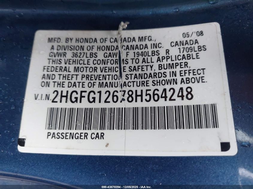 2008 Honda Civic Lx VIN: 2HGFG12678H564248 Lot: 43870394