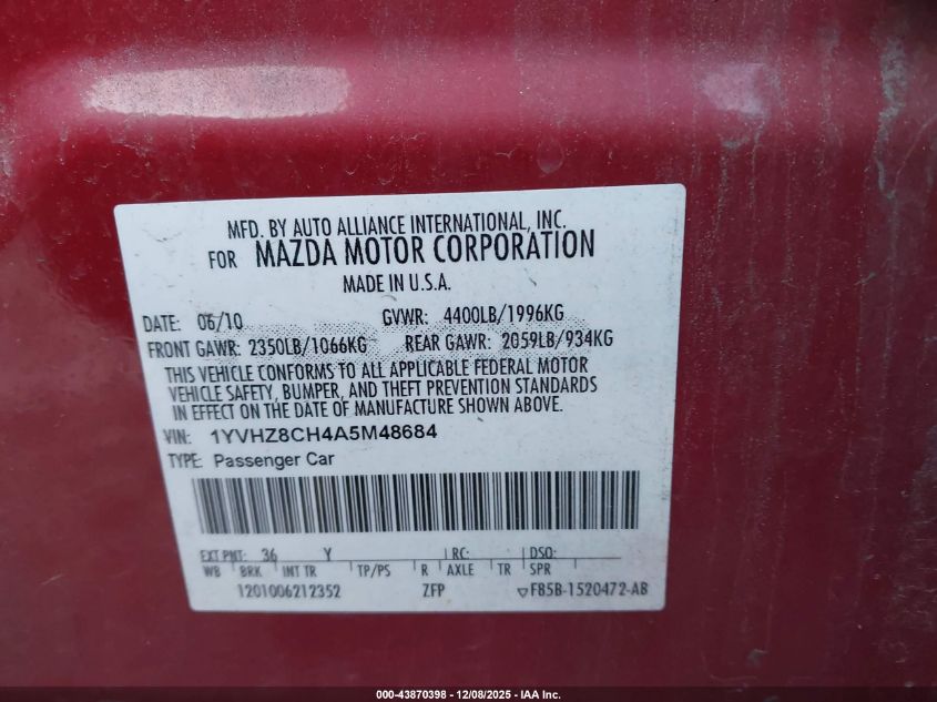 2010 Mazda Mazda6 I Touring VIN: 1YVHZ8CH4A5M48684 Lot: 43870398