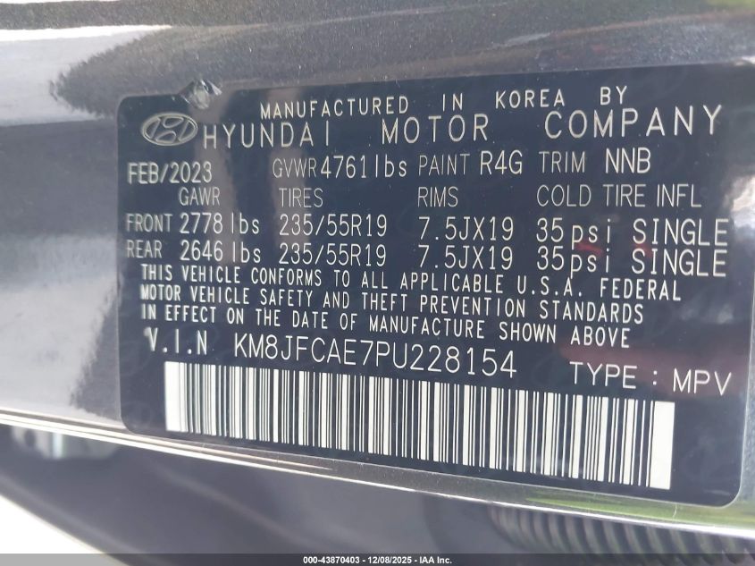 2023 Hyundai Tucson Xrt VIN: KM8JFCAE7PU228154 Lot: 43870403