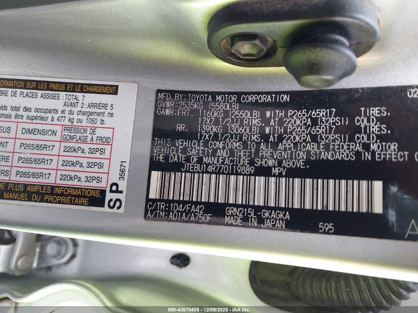 2007 Toyota 4Runner Sr5 V6 VIN: JTEBU14R770119889 Lot: 43870405