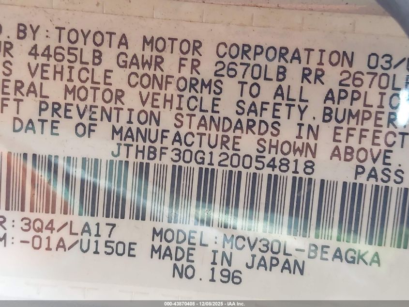 2002 Lexus Es 300 VIN: JTHBF30G120054818 Lot: 43870408