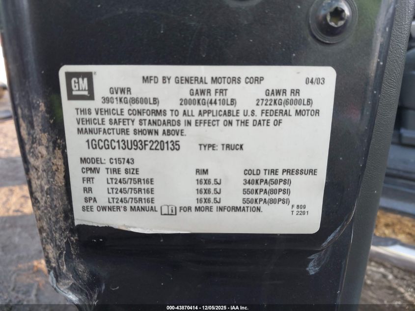 2003 Chevrolet Silverado 1500Hd Ls VIN: 1GCGC13U93F220135 Lot: 43870414