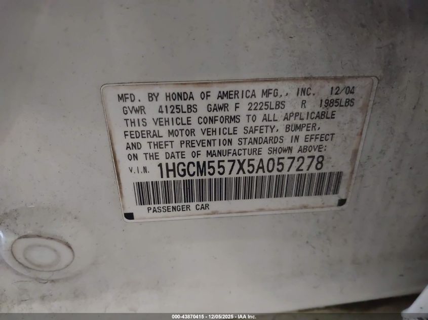 2005 Honda Accord 2.4 Ex VIN: 1HGCM557X5A057278 Lot: 43870415