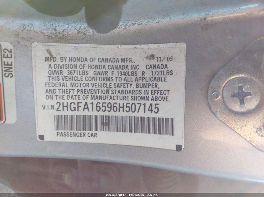 2006 Honda Civic Lx VIN: 2HGFA16596H507145 Lot: 43870417