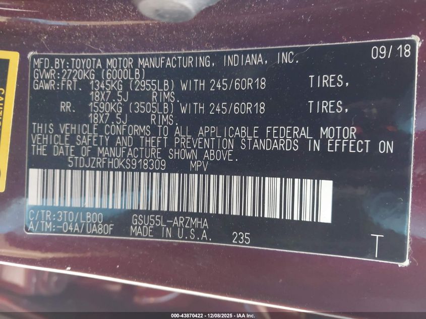 2019 Toyota Highlander Xle VIN: 5TDJZRFH0KS918309 Lot: 43870422