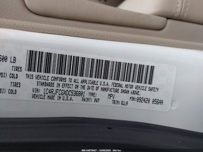 2013 Jeep Grand Cherokee Overland VIN: 1C4RJFCGXDC536801 Lot: 43870427