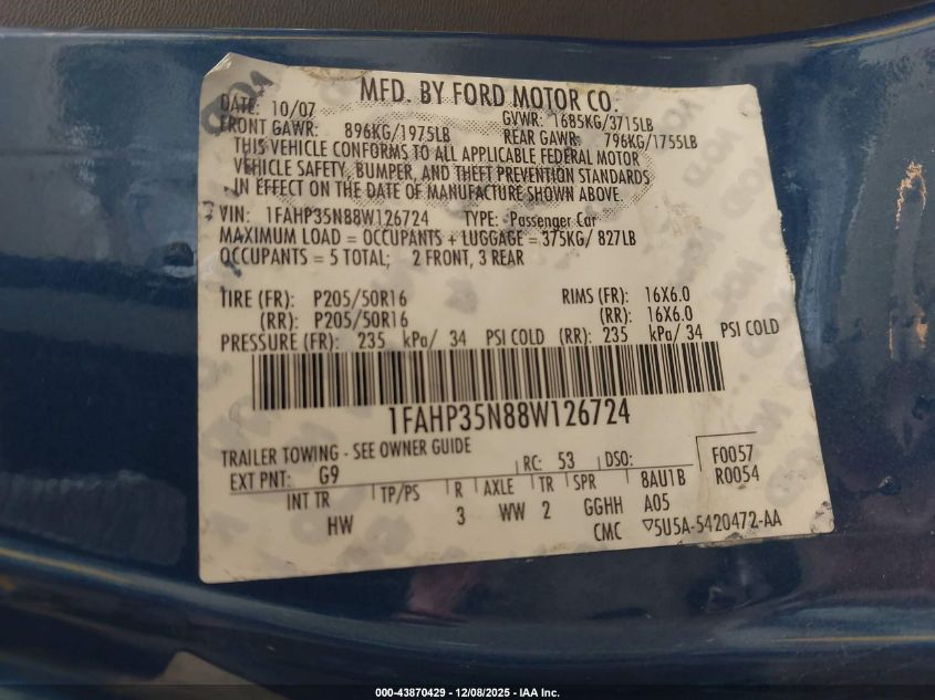 2008 Ford Focus Se/Ses VIN: 1FAHP35N88W126724 Lot: 43870429