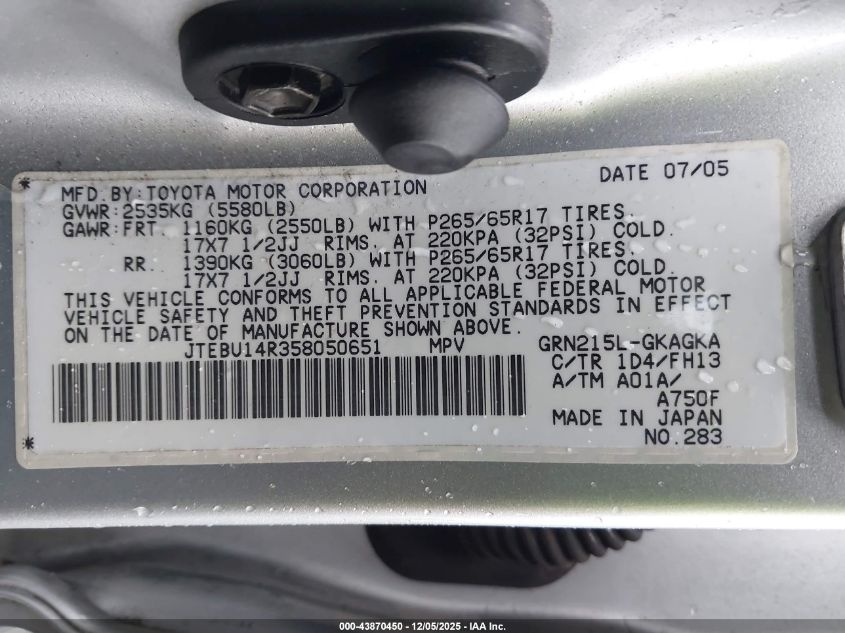 2005 Toyota 4Runner Sr5 Sport V6 VIN: JTEBU14R358050651 Lot: 43870450