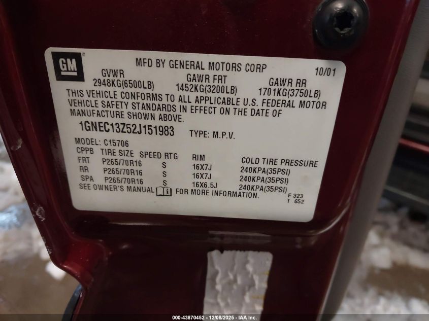 2002 Chevrolet Tahoe Ls VIN: 1GNEC13Z52J151983 Lot: 43870452