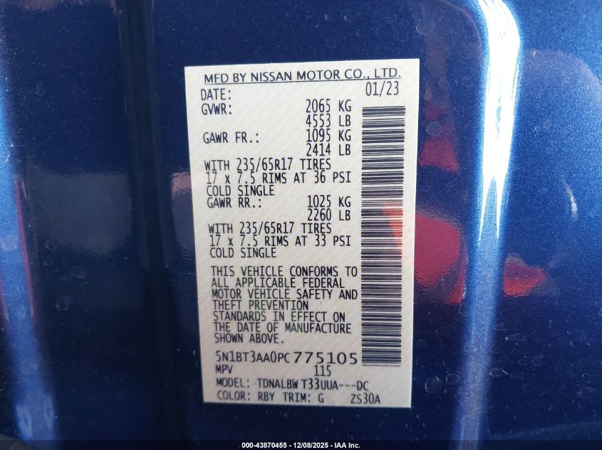 2023 Nissan Rogue S Fwd VIN: 5N1BT3AA0PC775105 Lot: 43870455