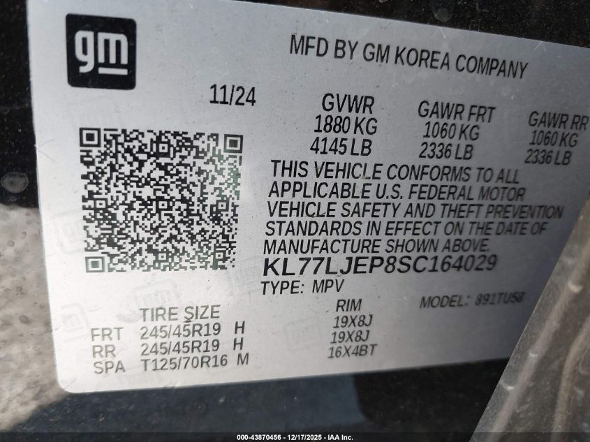 2025 Chevrolet Trax Fwd 2Rs VIN: KL77LJEP8SC164029 Lot: 43870456