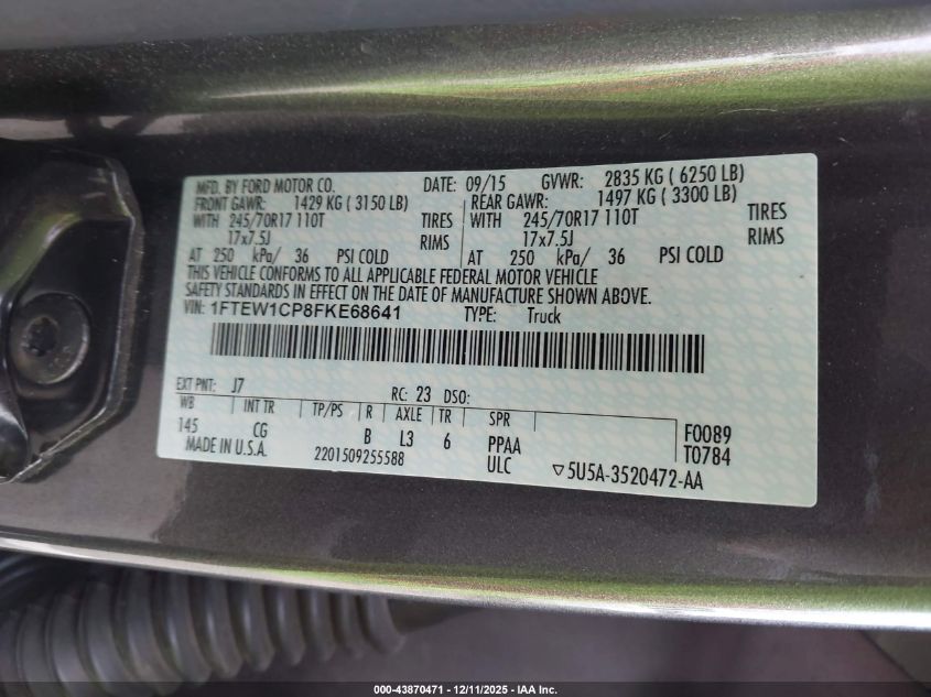 2015 Ford F-150 Xl VIN: 1FTEW1CP8FKE68641 Lot: 43870471