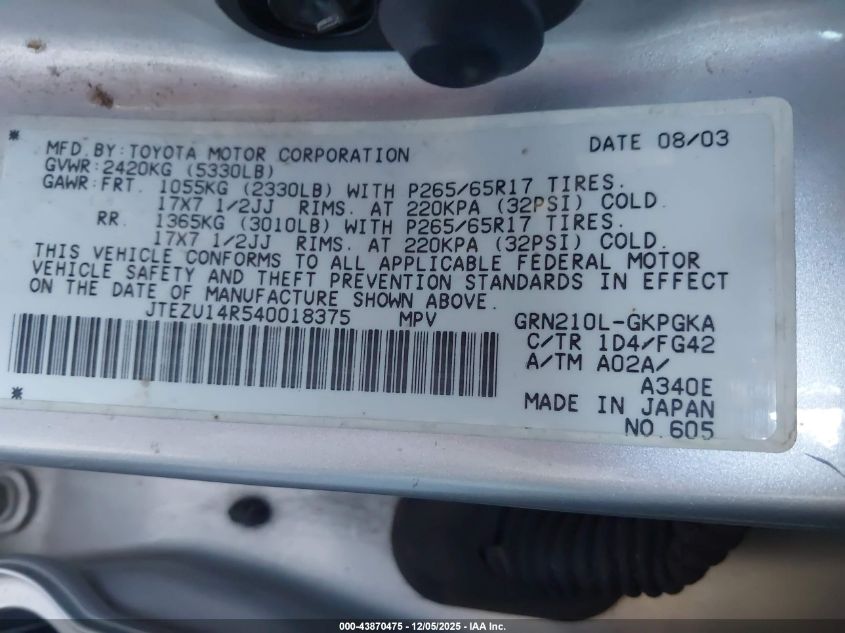 2004 Toyota 4Runner Sr5 V6 VIN: JTEZU14R540018375 Lot: 43870475