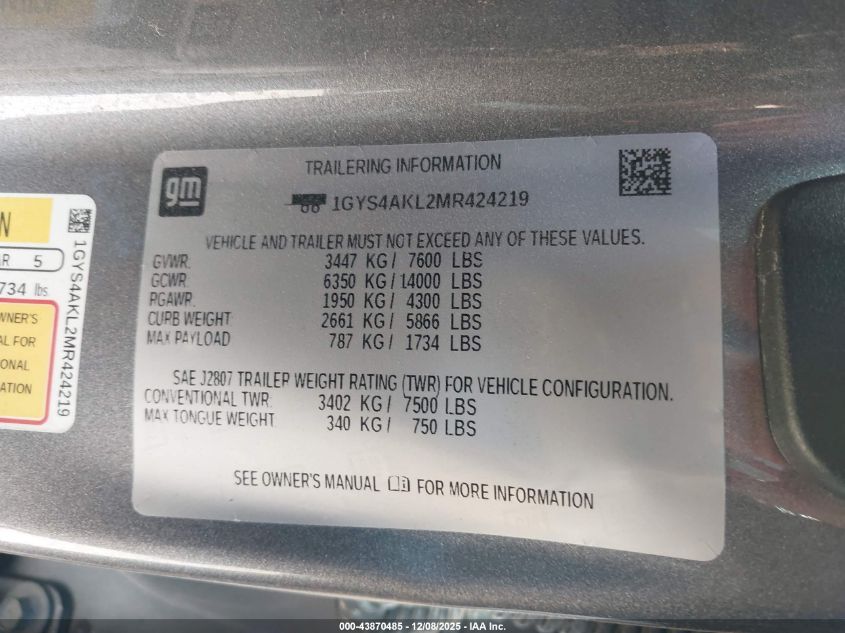 2021 Cadillac Escalade 4Wd Luxury VIN: 1GYS4AKL2MR424219 Lot: 43870485