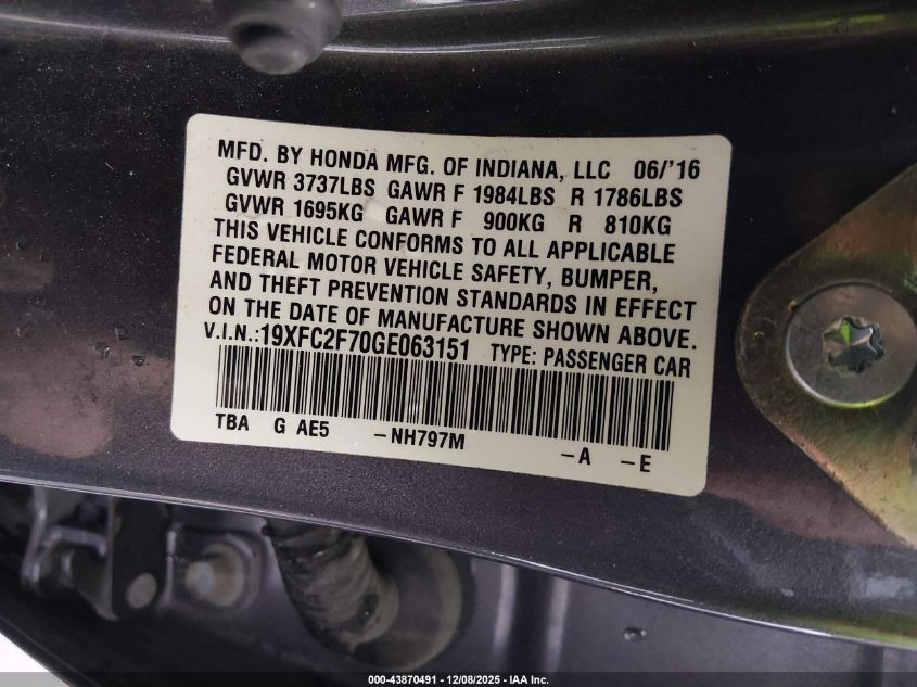 2016 Honda Civic Ex VIN: 19XFC2F70GE063151 Lot: 43870491
