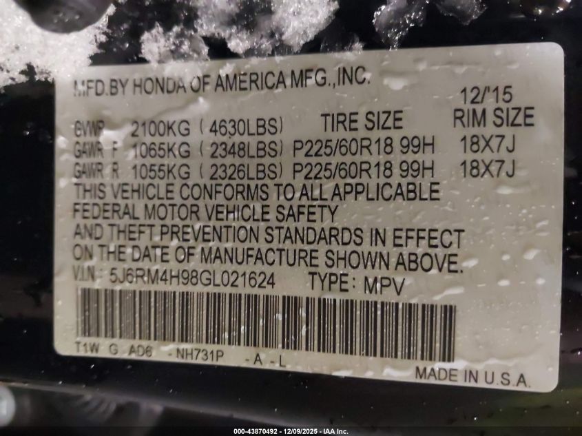 2016 Honda Cr-V Touring VIN: 5J6RM4H98GL021624 Lot: 43870492