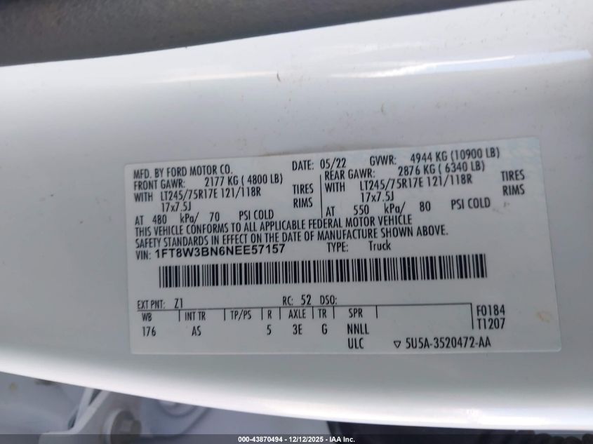 2022 Ford F-350 Xl VIN: 1FT8W3BN6NEE57157 Lot: 43870494