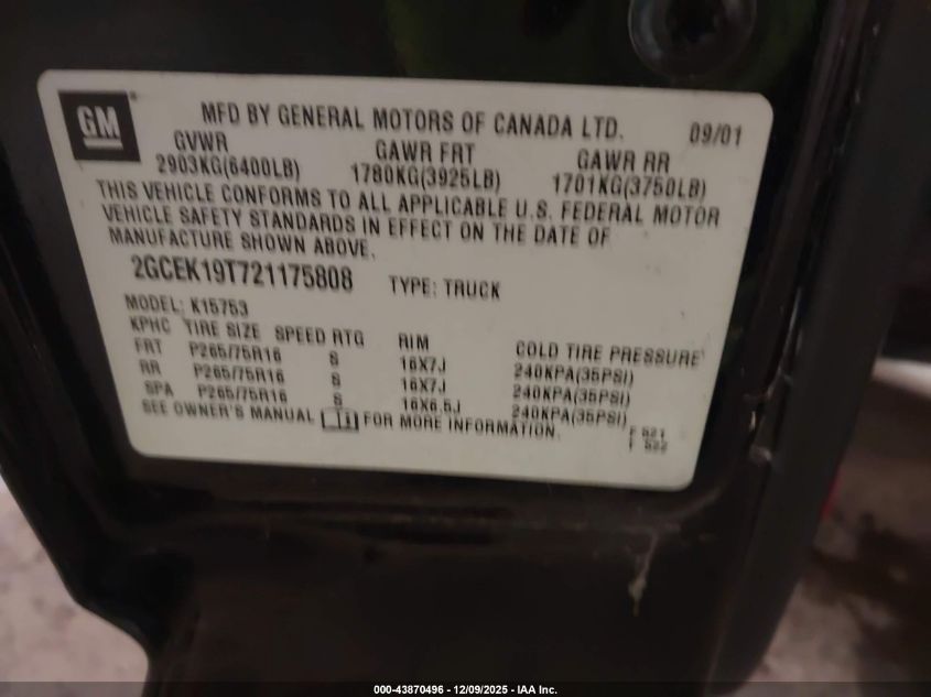 2002 Chevrolet Silverado 1500 Ls VIN: 2GCEK19T721175808 Lot: 43870496