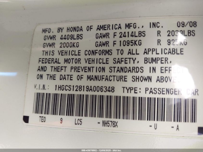2009 Honda Accord 2.4 Ex-L VIN: 1HGCS12819A006348 Lot: 43870502