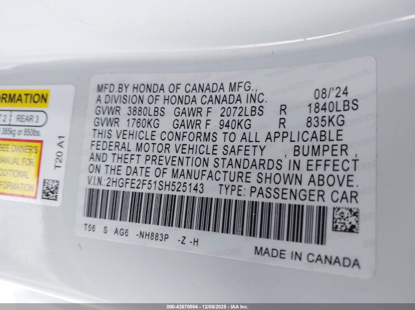 2025 Honda Civic Sport VIN: 2HGFE2F51SH525143 Lot: 43870504