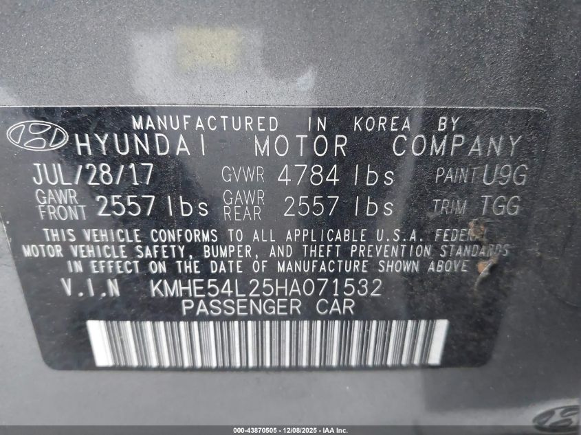 2017 Hyundai Sonata Plug-In Hybrid Limited VIN: KMHE54L25HA071532 Lot: 43870505