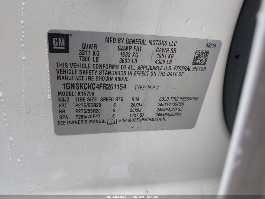 2015 Chevrolet Tahoe Ltz VIN: 1GNSKCKC4FR261154 Lot: 43870507