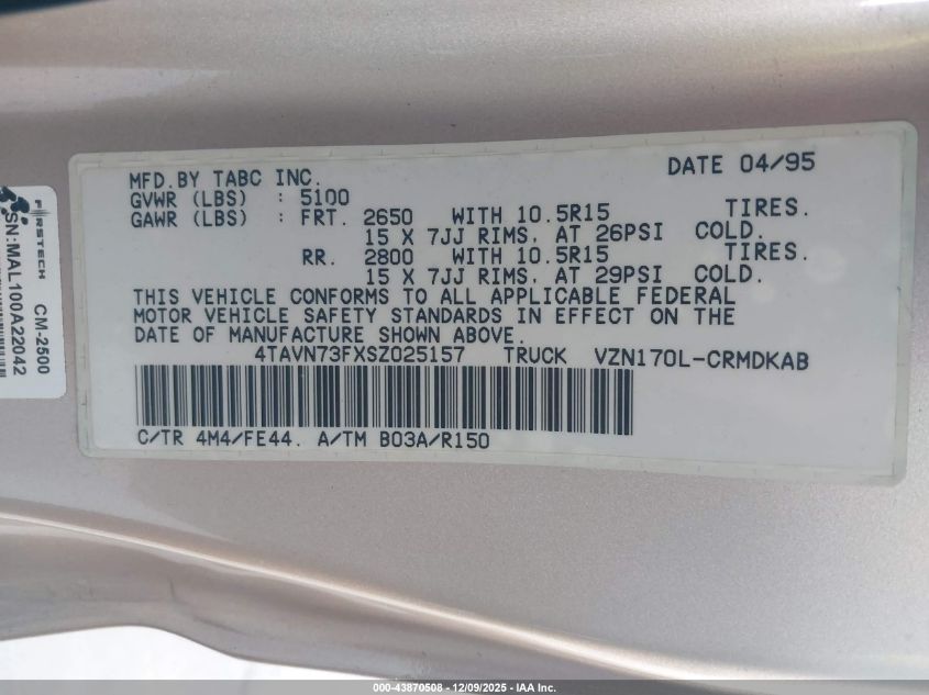 1995 Toyota Tacoma Xtracab VIN: 4TAVN73FXSZ025157 Lot: 43870508