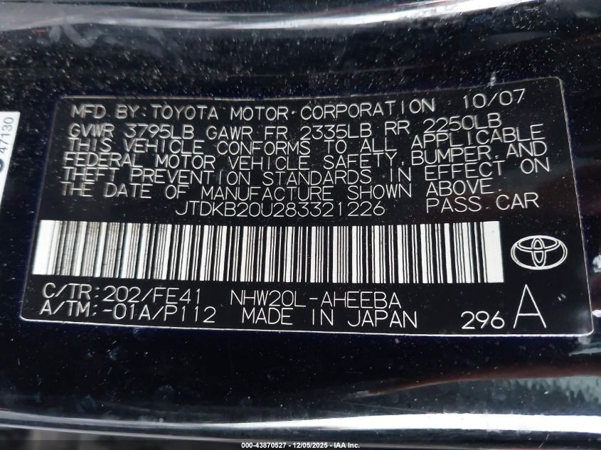 2008 Toyota Prius VIN: JTDKB20U283321226 Lot: 43870527