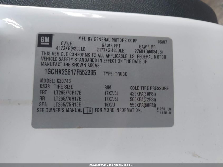 2007 Chevrolet Silverado 2500Hd Ltz VIN: 1GCHK23617F552395 Lot: 43870541