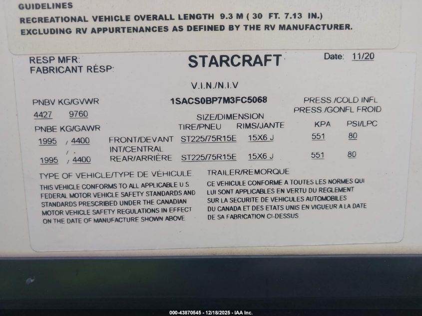 2021 Starcraft Telluride 289Rks VIN: 1SACS0BP7M3FC5068 Lot: 43870545