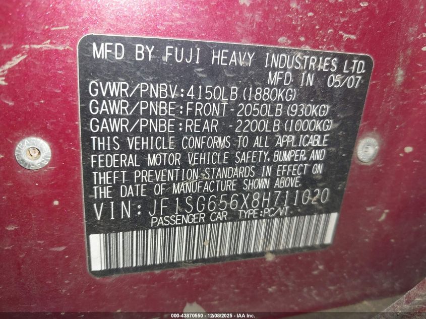 2008 Subaru Forester 2.5X VIN: JF1SG656X8H711020 Lot: 43870550