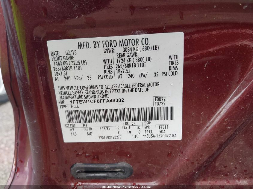 2015 Ford F-150 Xlt VIN: 1FTEW1CF8FFA49382 Lot: 43870552