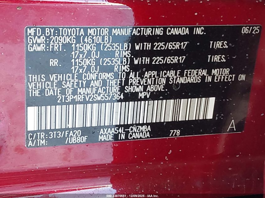 2025 Toyota Rav4 Xle VIN: 2T3P1RFV2SW557364 Lot: 43870551