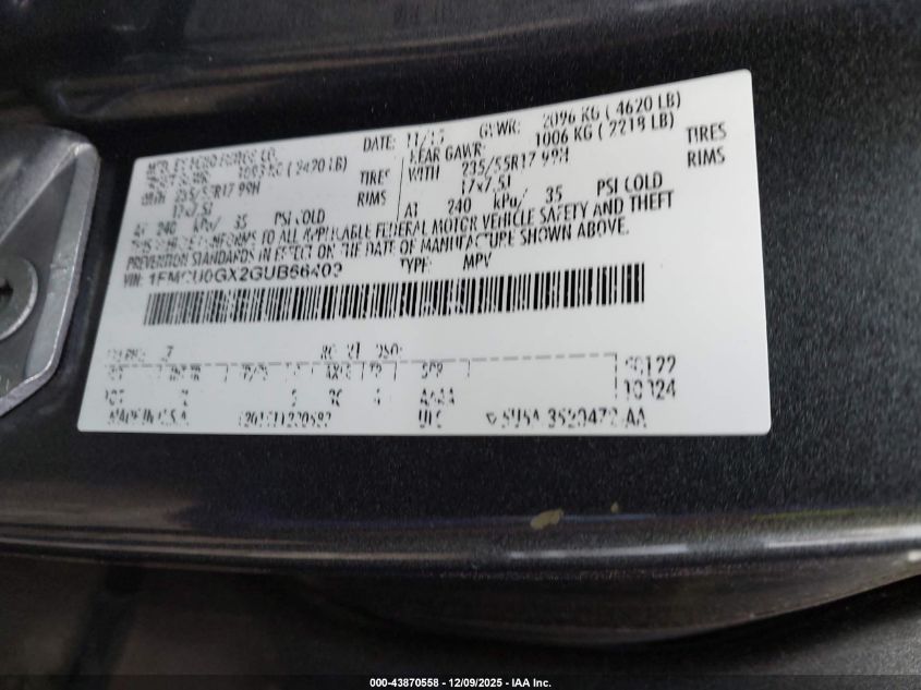 2016 Ford Escape Se VIN: 1FMCU0GX2GUB66409 Lot: 43870558