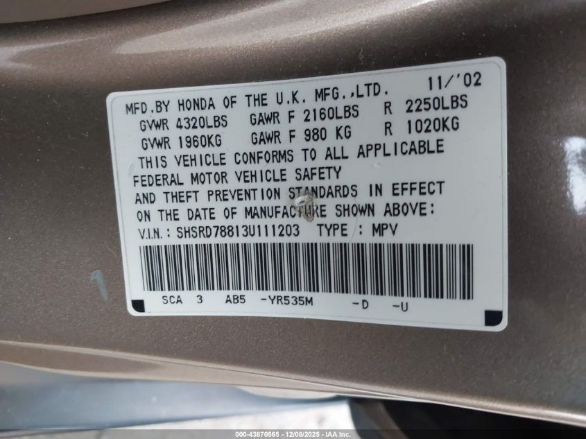 2003 Honda Cr-V Ex VIN: SHSRD78813U111203 Lot: 43870565