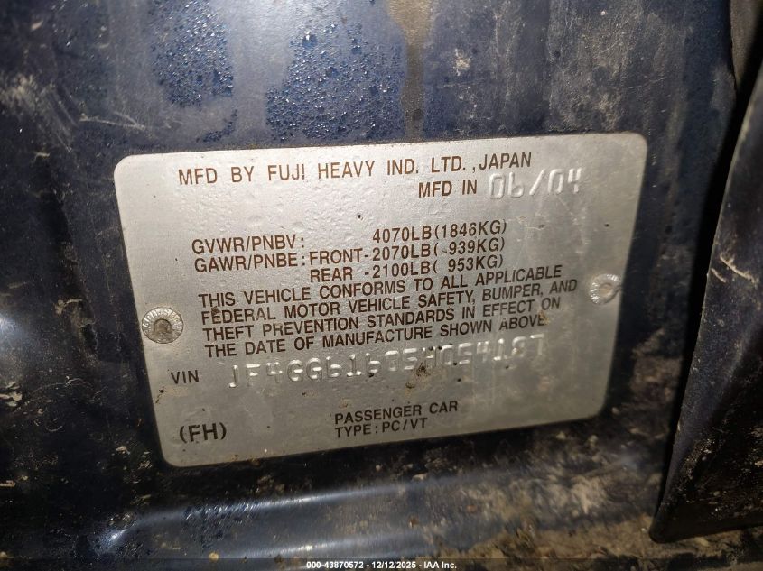 2005 Saab 9-2X Linear VIN: JF4GG61605H054187 Lot: 43870572