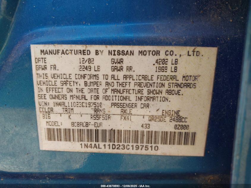 2003 Nissan Altima 2.5 S VIN: 1N4AL11D23C197510 Lot: 43870593