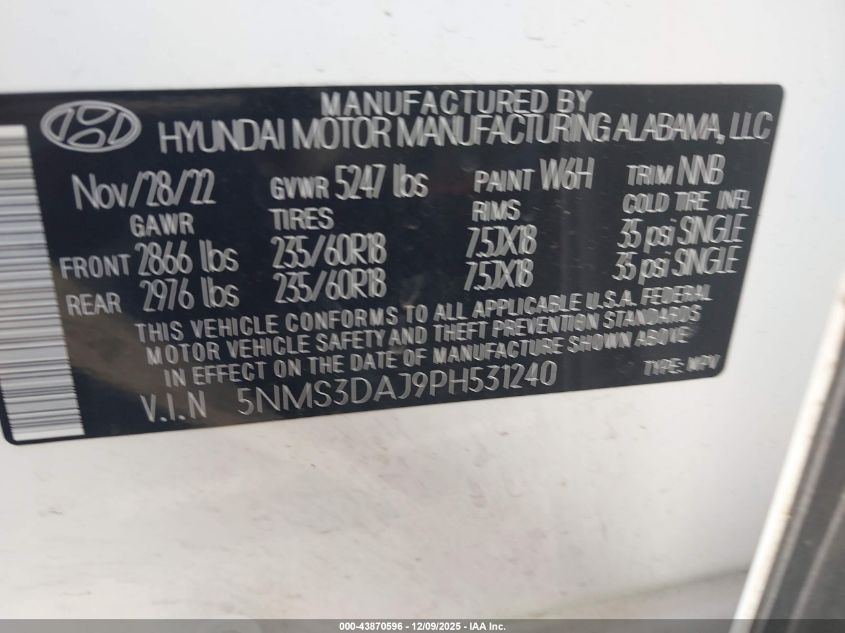 2023 Hyundai Santa Fe Sel VIN: 5NMS3DAJ9PH531240 Lot: 43870596