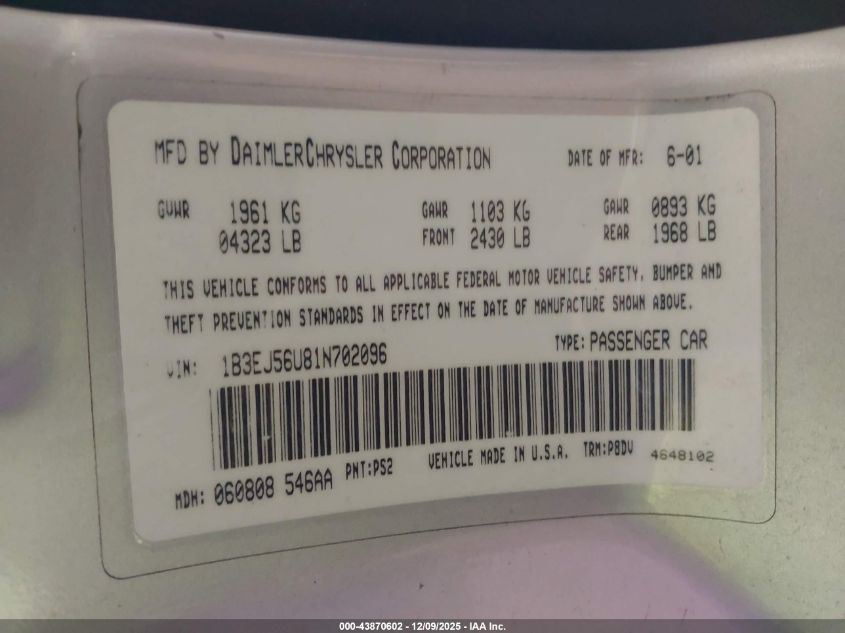 2001 Dodge Stratus Es VIN: 1B3EJ56U81N702096 Lot: 43870602