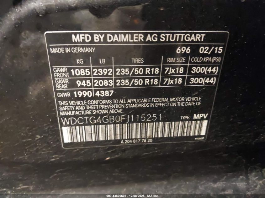 2015 Mercedes-Benz Gla 250 4Matic VIN: WDCTG4GB0FJ115251 Lot: 43870603